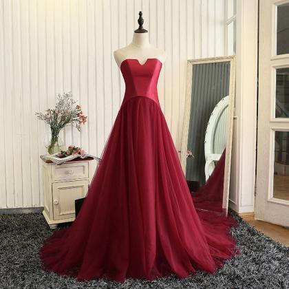 Burgundy Tulle A Line Strapless Long Prom Dress..