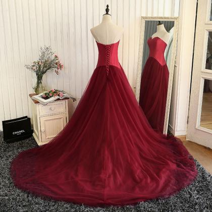Burgundy Tulle A Line Strapless Long Prom Dress..