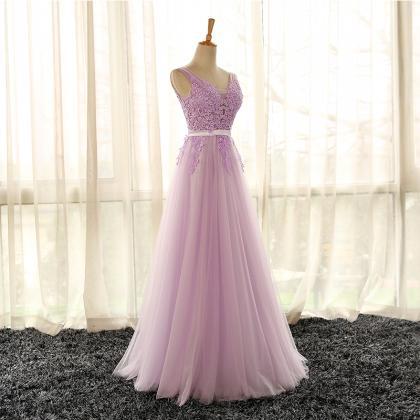 A Line Light Lavender Tulle Lace Prom Dress V-neck..