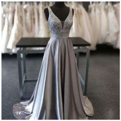 Sparkly Crystal Beaded Gray Satin Long Prom Dress..