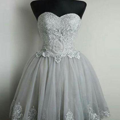 Elegant Sweet Light Gray Lace Homecoming Dress..
