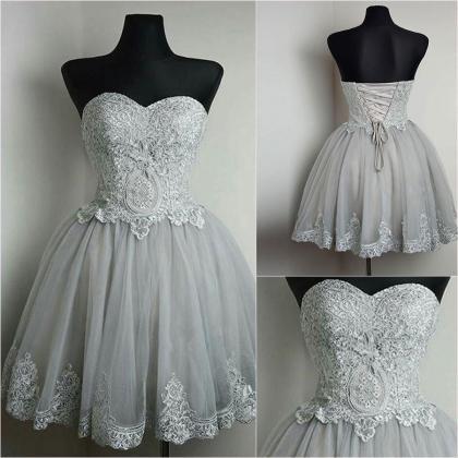Elegant Sweet Light Gray Lace Homecoming Dress..