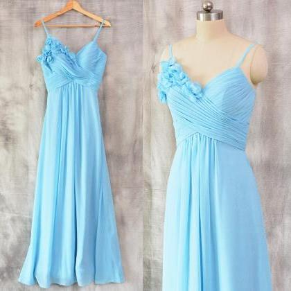 Sky Blue Chiffon Ruched Long Bridesmaid Dress,..