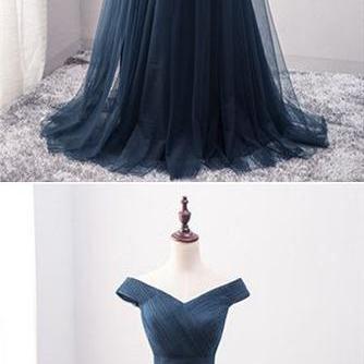 Elegant Navy Blue Tulle Long Prom Dress, Formal..