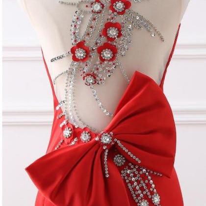 Elegant One Shoulder Red Satin Long Prom Dress,..