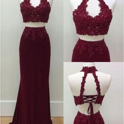 Two Pieces High Neck Lace Prom Dress Burgundy..