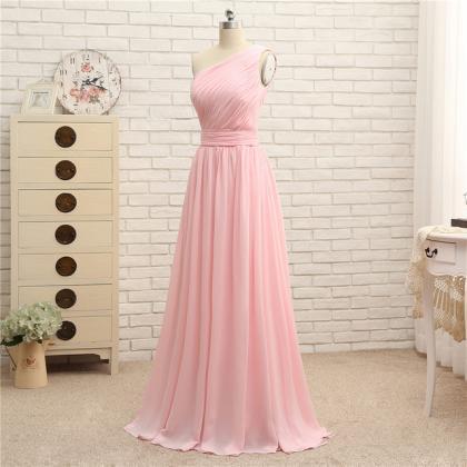 One Shoulder Pink Ruched Long Bridesmaid Dress..
