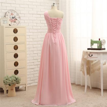 One Shoulder Pink Ruched Long Bridesmaid Dress..