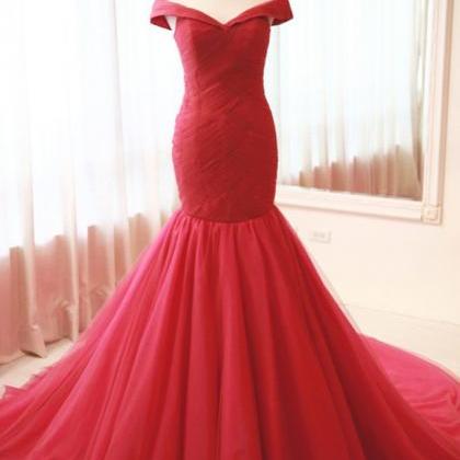 Red Tulle Ruched Mermaid Prom Dress , Off The..