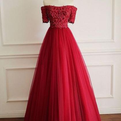 Fashion Burgundy Tulle Long Prom Dress With Short..