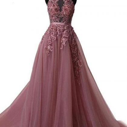 Sexy High Neck Lace Prom Dress A Line Tulle Formal..