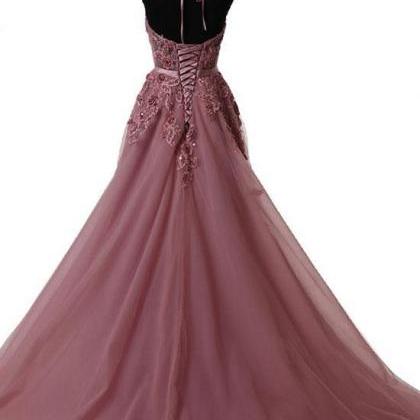Sexy High Neck Lace Prom Dress A Line Tulle Formal..