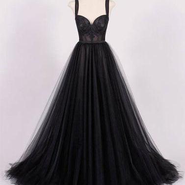Spaghetti Straps Black Tulle Ball Gown Prom Dress,..