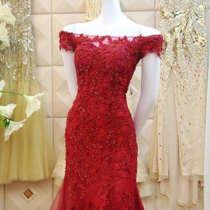 Sexy Burgundy Lace Mermaid Prom Dress, Fashion..