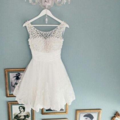 Elegant White Pearls Lace Short Homecoming Dress..