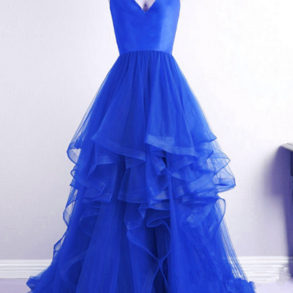 Royal Blue Organza Skirts Tiers Long Prom Dress..