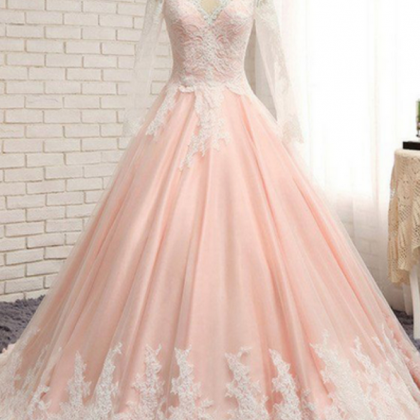 Sexy Ball Gown Blush Pink Lace Prom Dress With..