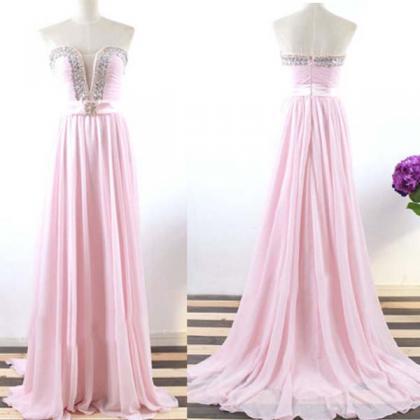 Pink Chiffon Long Prom Dress,sexy Beaded Senior..