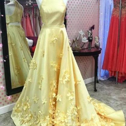Yellow Satin Long Prom Dress Elegant A Line Women..