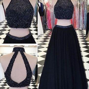 Shiny Black Tulle Two Pieces Prom Dress, Long..