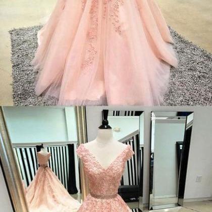 Sexy V-neck Lace Appliqued Long Prom Dress Pink..