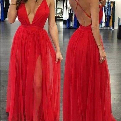 Red Chiffon Pleated Long Prom Dress Floor Length..