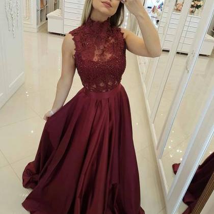 Burgundy Lace Prom Dress, Sexy A Line Prom Party..