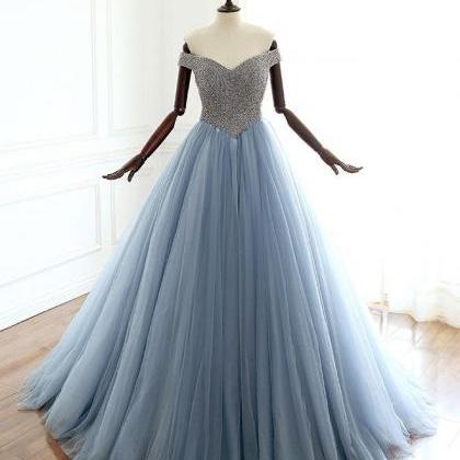 Luxury Beaded Crystal Light Blue Long Prom Dress..