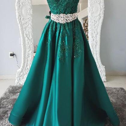Gorgeous Green Satin Long Prom Dress A Line Beaded..