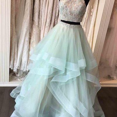 Charming Two Pieces Long Prom Dress, Lace Prom..