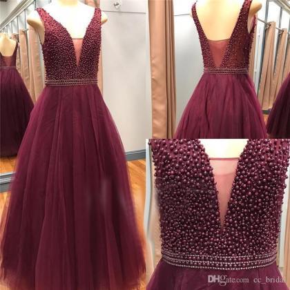 Sparkly Pearls Burgundy Tulle Long Prom Dress A..