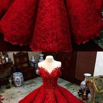 Luxury Ball Gown Red Beaded Lace Prom Dress Plus..