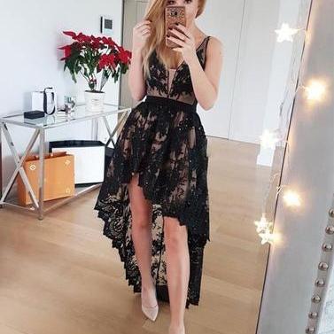 Black Lace V-neck High Low Lace Prom Dress, High..