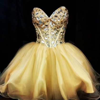 Luxury Gold Crystal Short Homecoming Dress, Sweet..