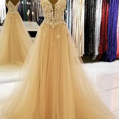 Champagne Tulle Long Prom Dress Plus Size A Line..