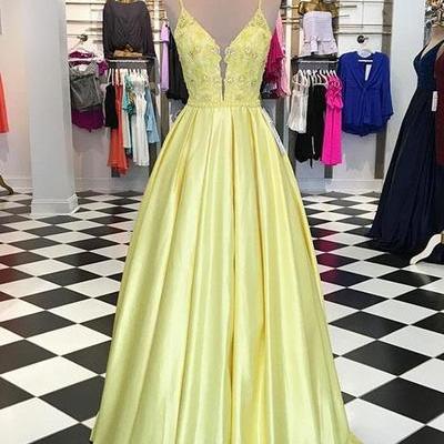 Plus Size Yellow Satin Long Prom Dress A Line..