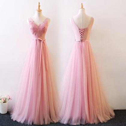 A Line Pink Tulle Long Prom Dress Custom Made Lace..