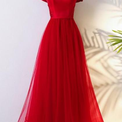 A Line Red Tulle Long Prom Dress Off Shoulder..