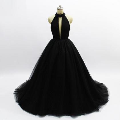 Sexy Halter Prom Dress Black Tulle Ball Gown Prom..