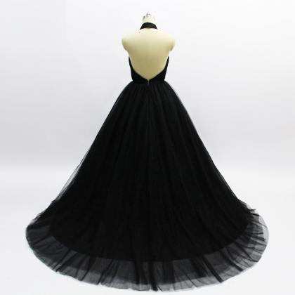 Sexy Halter Prom Dress Black Tulle Ball Gown Prom..