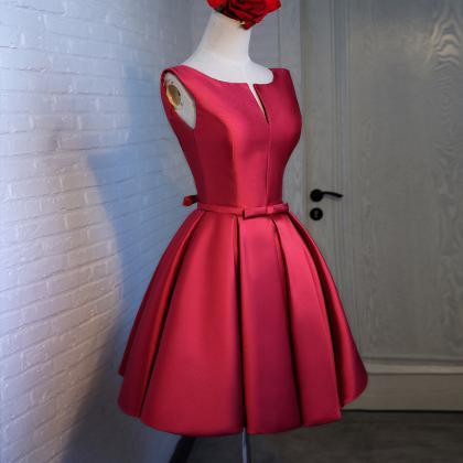 Custom Made Red Satin Short Bridesmaid Dress A..