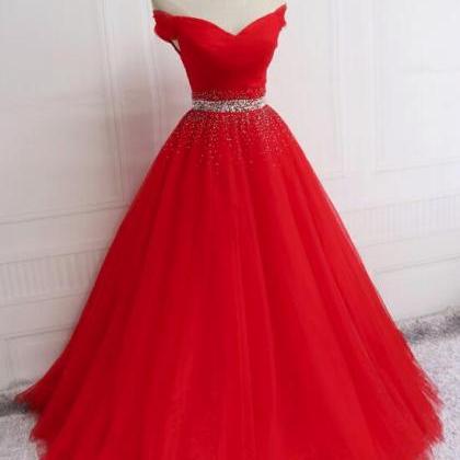 Charming Beaded Red Tulle Long Prom Dress, Plus..