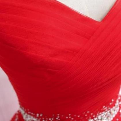 Charming Beaded Red Tulle Long Prom Dress, Plus..