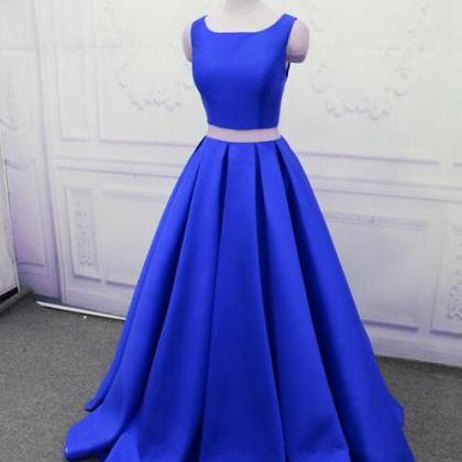 Two Pieces Royal Blue Satin Long Prom Dress,..