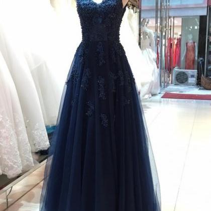 Sexy Navy Blue Beaded Tulle Long Prom Dress A Line..