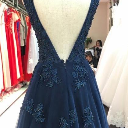 Sexy Navy Blue Beaded Tulle Long Prom Dress A Line..