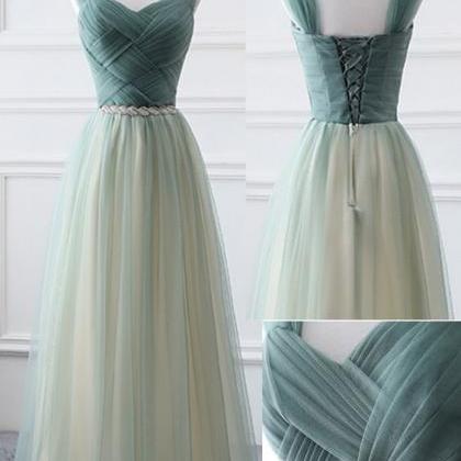 A Line Green Tulle Ruffle Long Bridesmaid Dress..