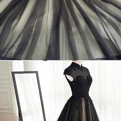 Fashion High Neck Black Tulle Lace Prom Dress A..
