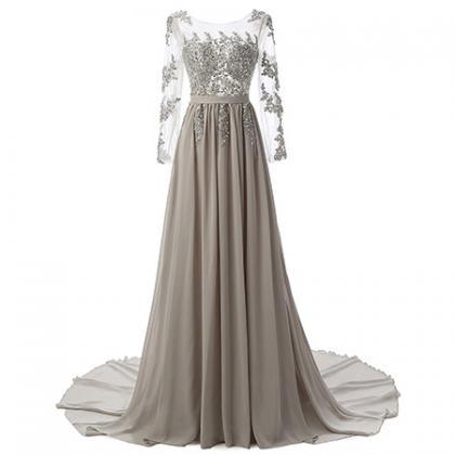 A Line Gray Chiffon Lace Prom Dress With Long..
