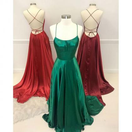Sexy Bacl Open Green Satin Long Prom Dress A Line..